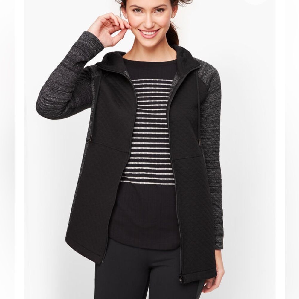Black Quilted Hooded Jacket with Heathered Sleeves